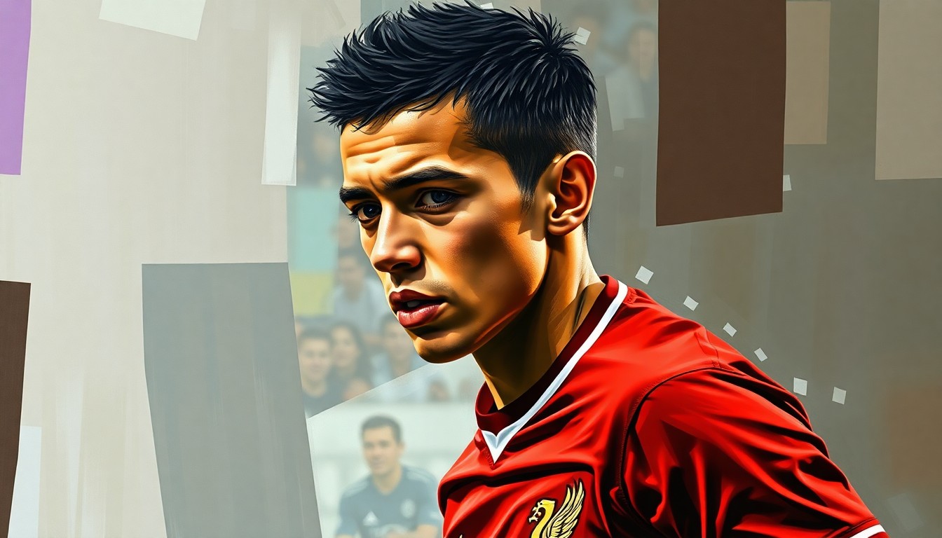 A cubist-style painting depicting a young soccer player in a Liverpool jersey, broken down into sharp, overlapping geometric shapes and planes, conveying the potential for a forgotten signing to make an impact.