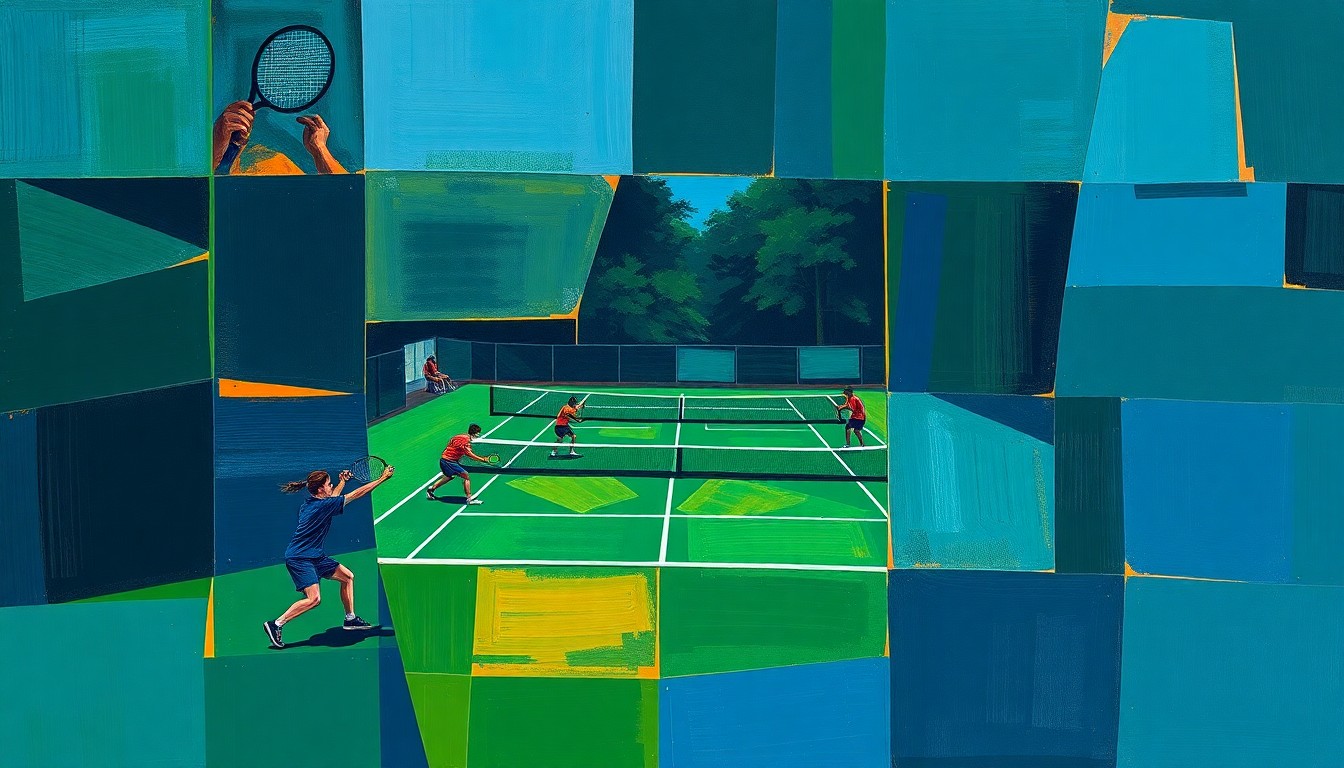 A fragmented, abstract painting depicting a high school tennis match, with the players and court broken down into sharp, angular shapes and planes in a palette of navy, green, and orange, conveying the dynamic energy and competitive nature of the event.