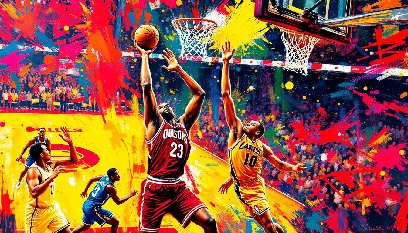 An abstract, energetic painting in neon colors depicting the frenetic action of an NBA basketball game, with players' forms dissolving into vibrant brushstrokes and splashes of paint.