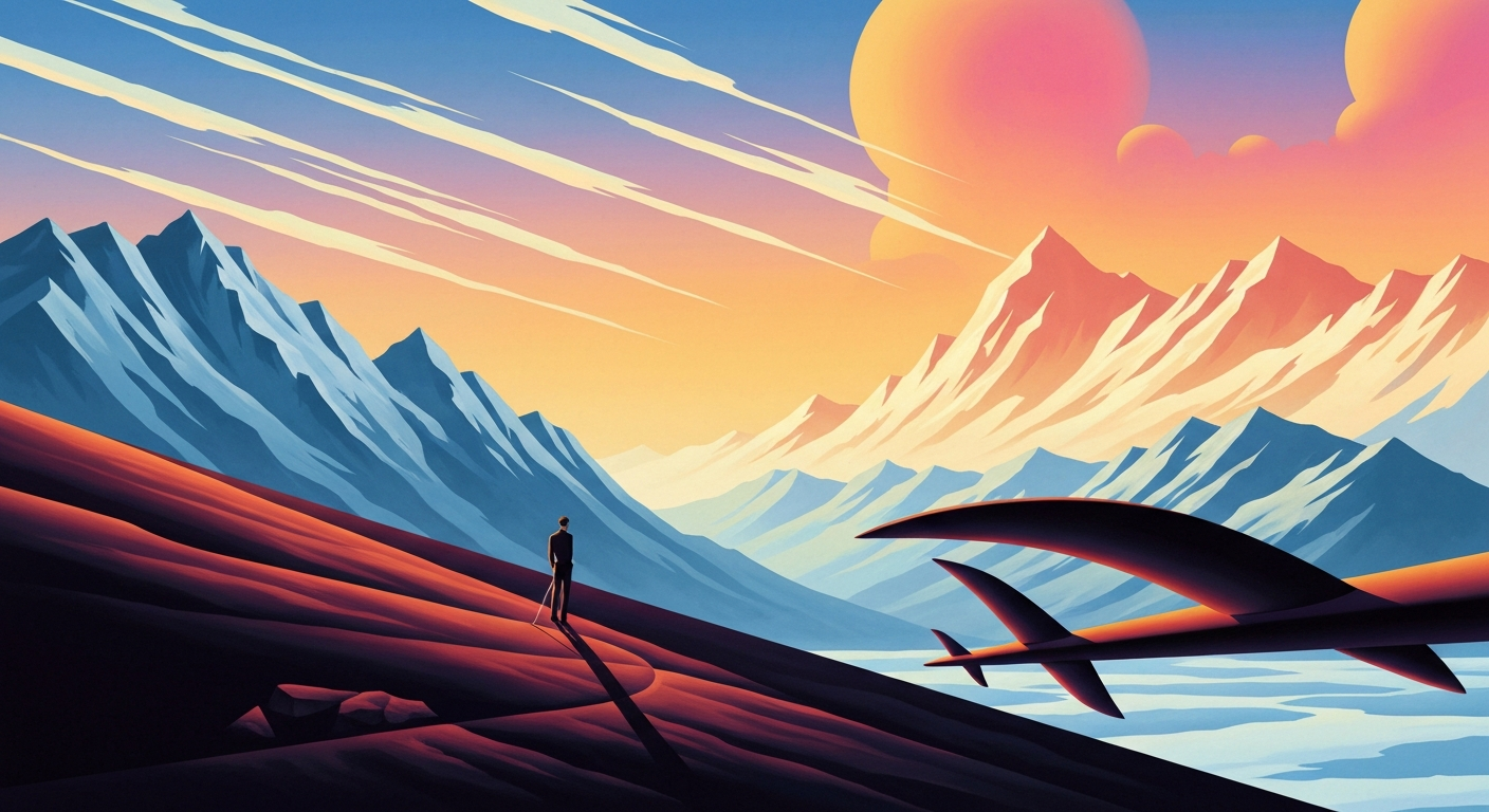 A highly stylized, geometric landscape illustration featuring sweeping gradients of warm colors and towering, streamlined mountain forms, capturing the grand scale and emotional triumph of an arduous hike to Machu Picchu.
