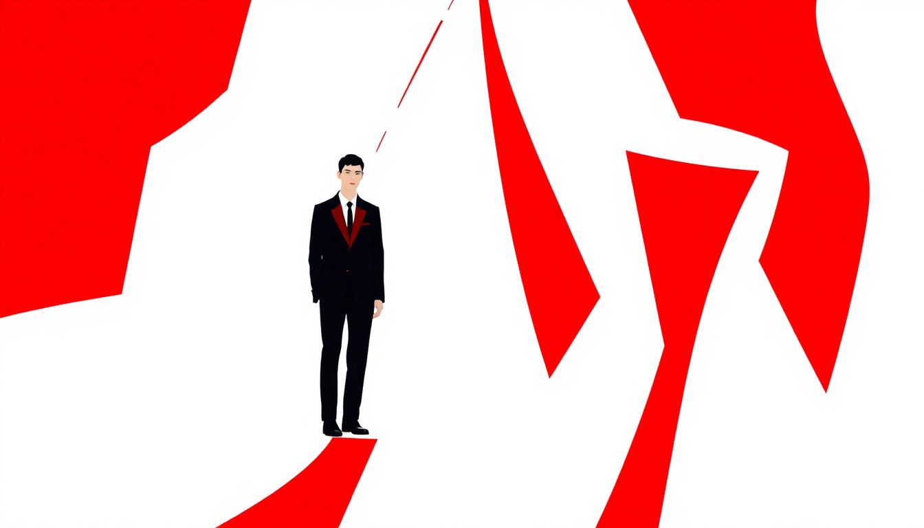 An abstract, minimalist composition of stark, jagged geometric shapes in bold red and white, conceptually representing the fusion of cultural influences in Uma Wang's latest menswear collection.