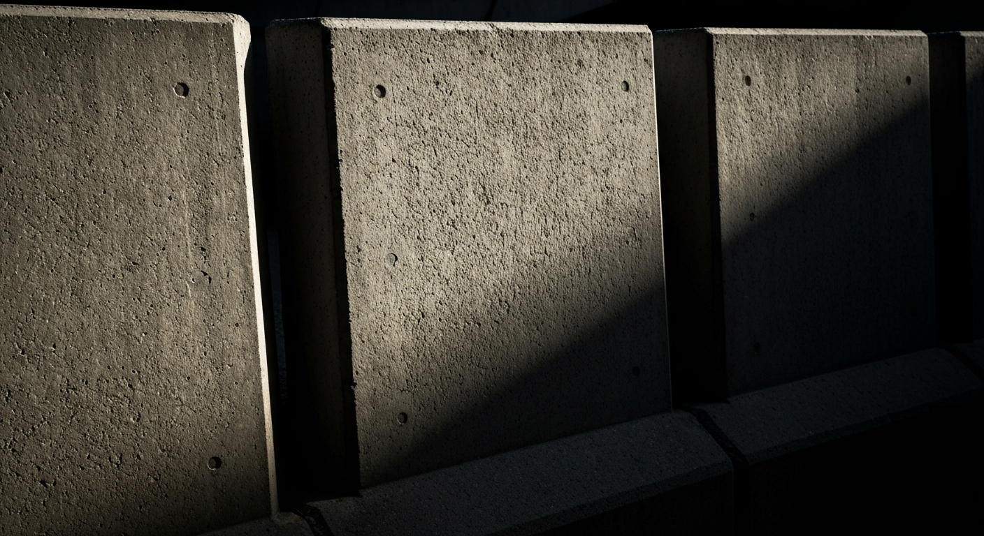 An extreme close-up of the rough, pebbled texture of a concrete highway sound barrier, capturing the earthy tones and dramatic lighting that convey the infrastructure's purpose of reducing noise pollution.