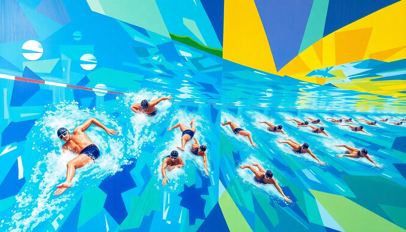 A fractured, cubist-style painting depicting an abstract open water swimming competition, with overlapping geometric shapes in vibrant blues, greens, and whites representing the water and swimmers' movements.
