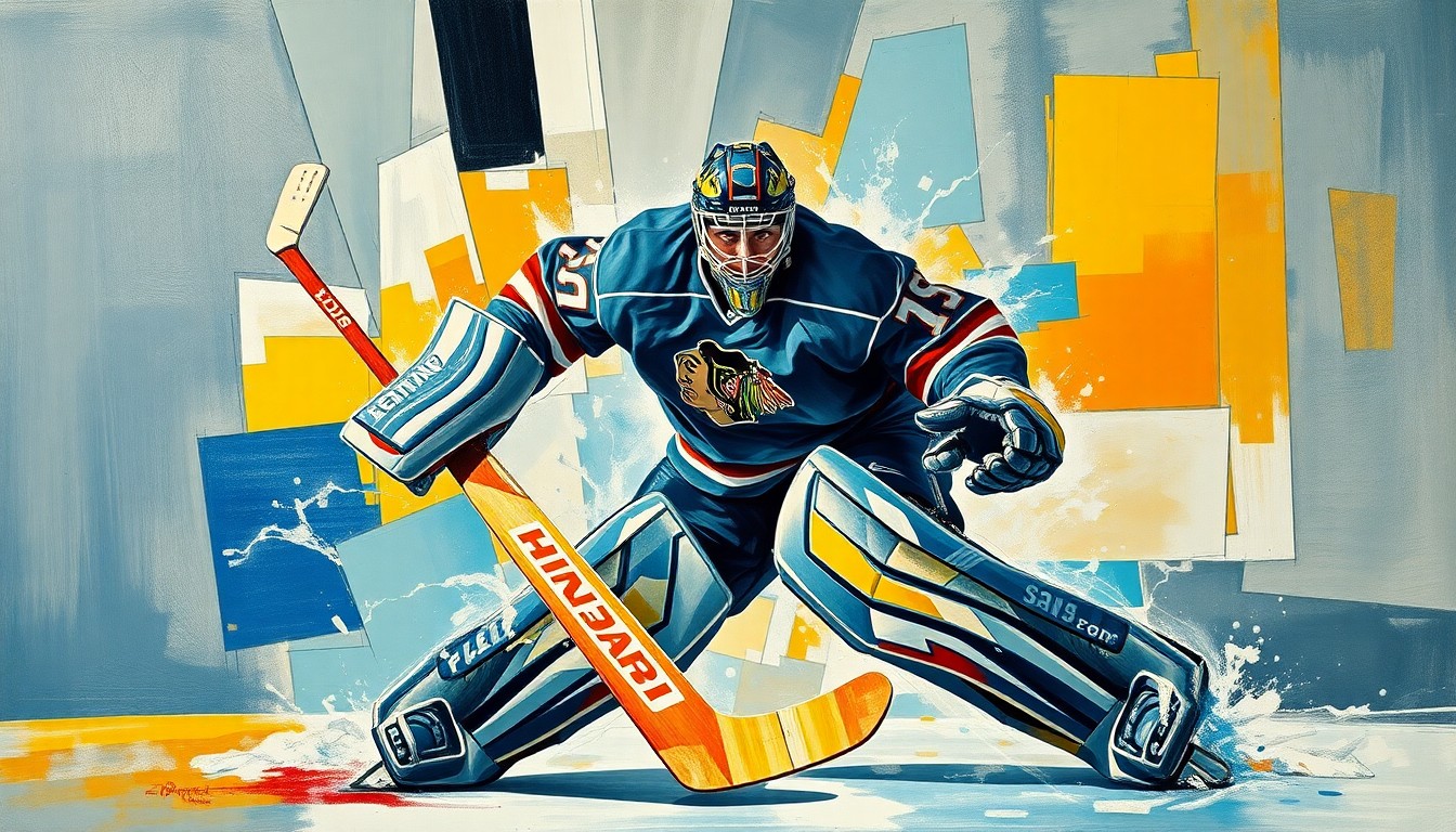 A fragmented, geometric painting depicting a hockey goaltender in motion, with sharp planes of color and form representing the quick reflexes and split-second decisions required to excel in the sport.