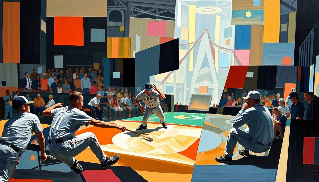 A fractured, multi-perspective painting depicting the key moments of an unassisted triple play, with sharp, overlapping geometric planes representing the dynamic athletic action.