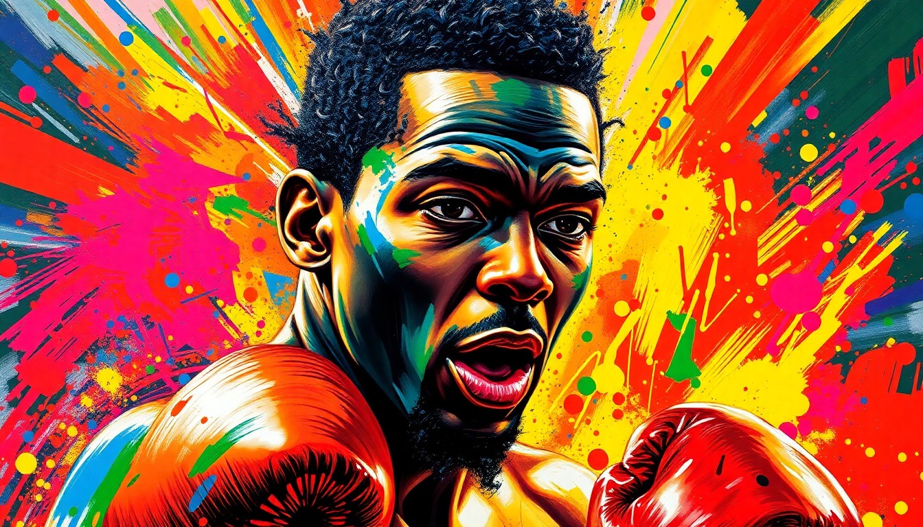 An abstract, energetic painting in neon colors depicting the intense movements and action of a boxing match, with the boxer's face and surroundings blurred into expressive brushstrokes.