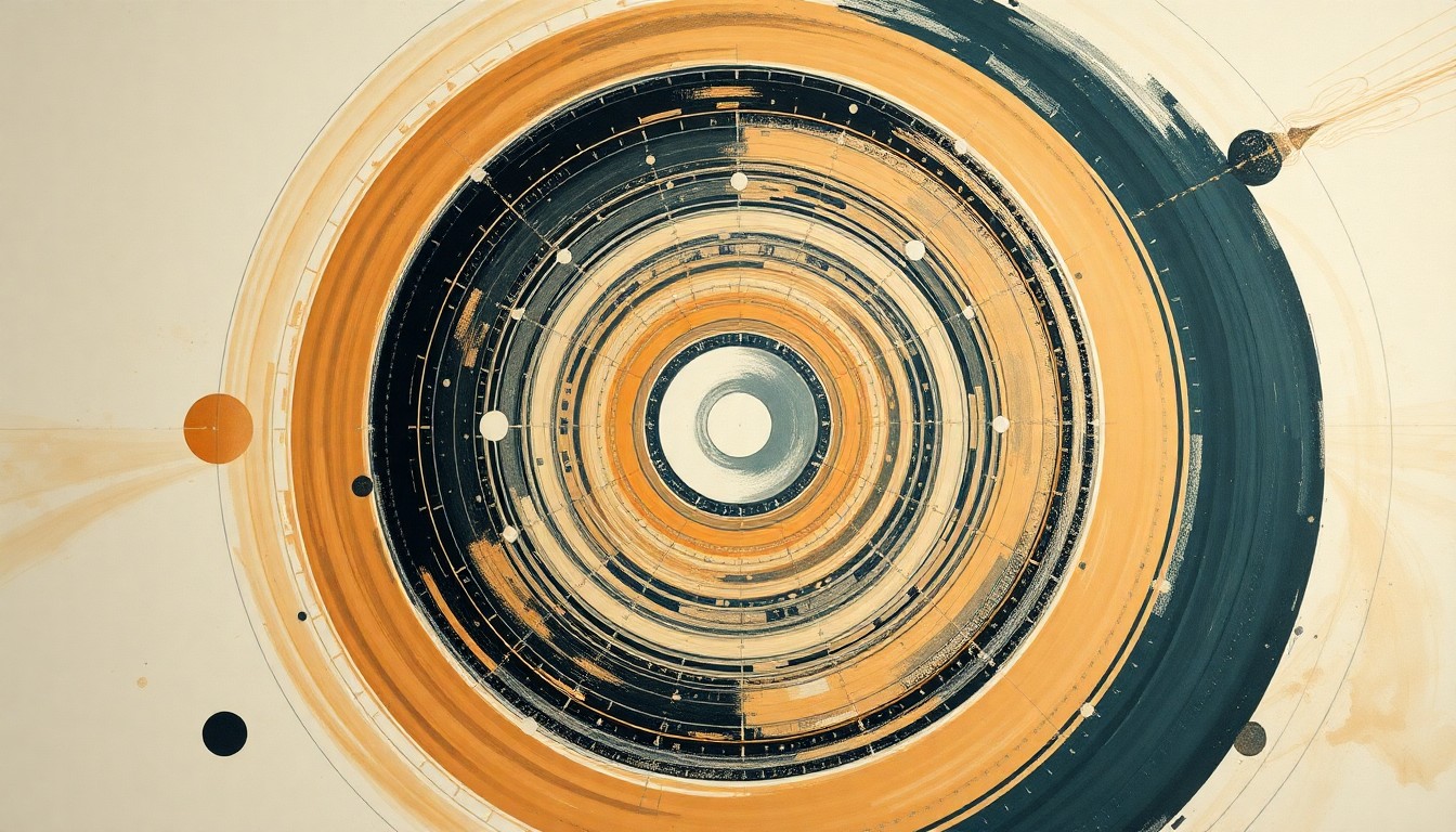 A highly textured, abstract painting in muted shades of green, blue, and brown, featuring sweeping geometric shapes and intersecting waveforms, conceptually representing the complex systems that sustain human life in the harsh environment of space.