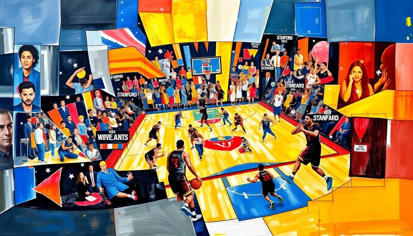 A fractured, multi-perspective painting breaking down a basketball game into sharp, overlapping geometric planes, with the players' movements and the court's energy deconstructed into a vibrant, cubist composition.