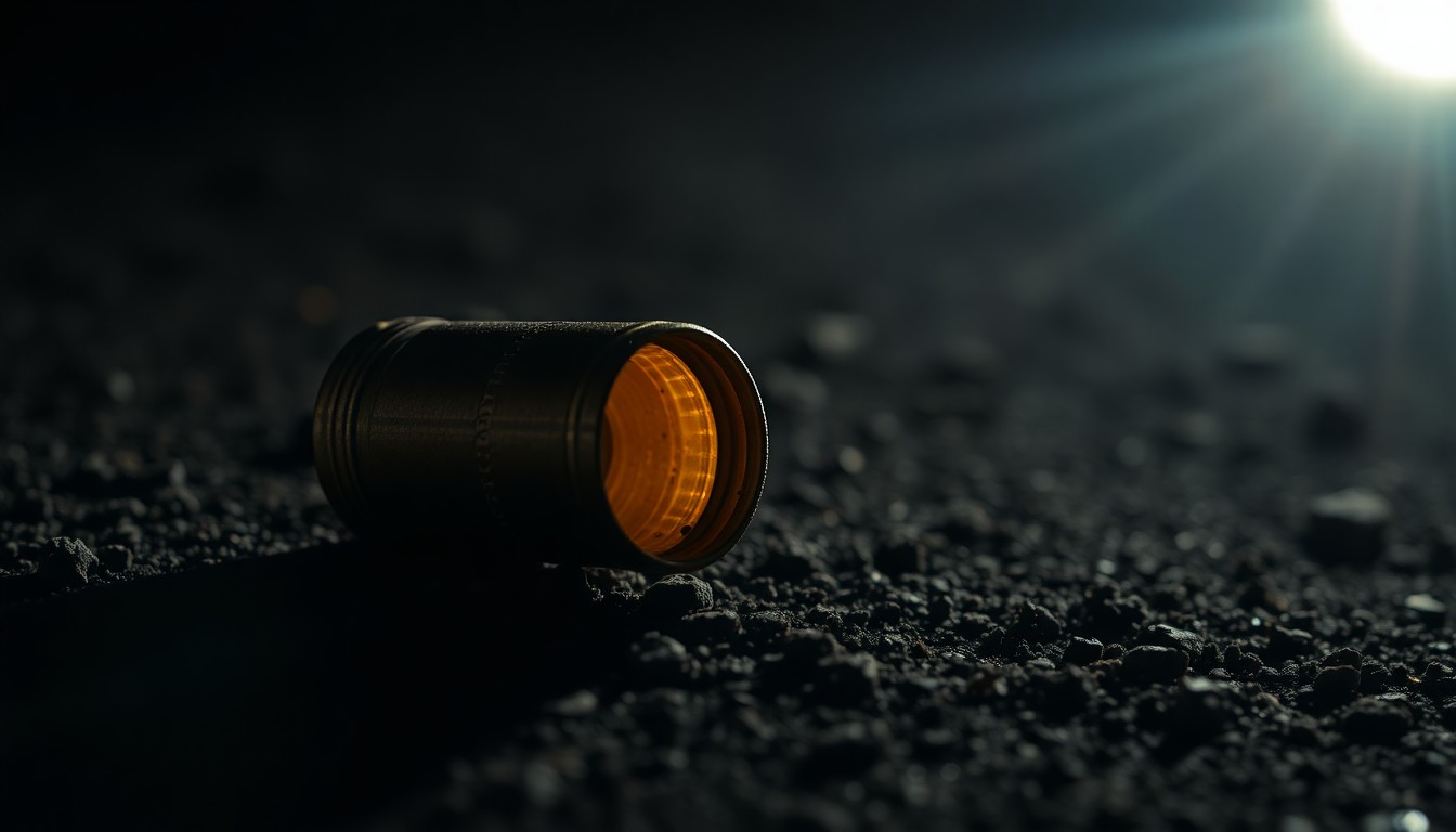 An extreme close-up photograph of a spent shell casing on a dark, textured surface, lit by a harsh, direct camera flash, conceptually representing the evidence and investigation of a shooting incident.