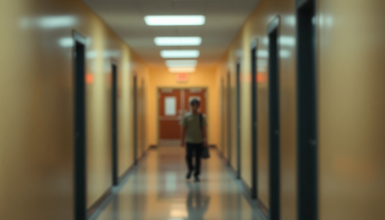 An extremely abstracted, out-of-focus photograph of a school hallway, with soft pools of warm color and light, conceptually representing the complex emotions and uncertainty surrounding a student safety incident.