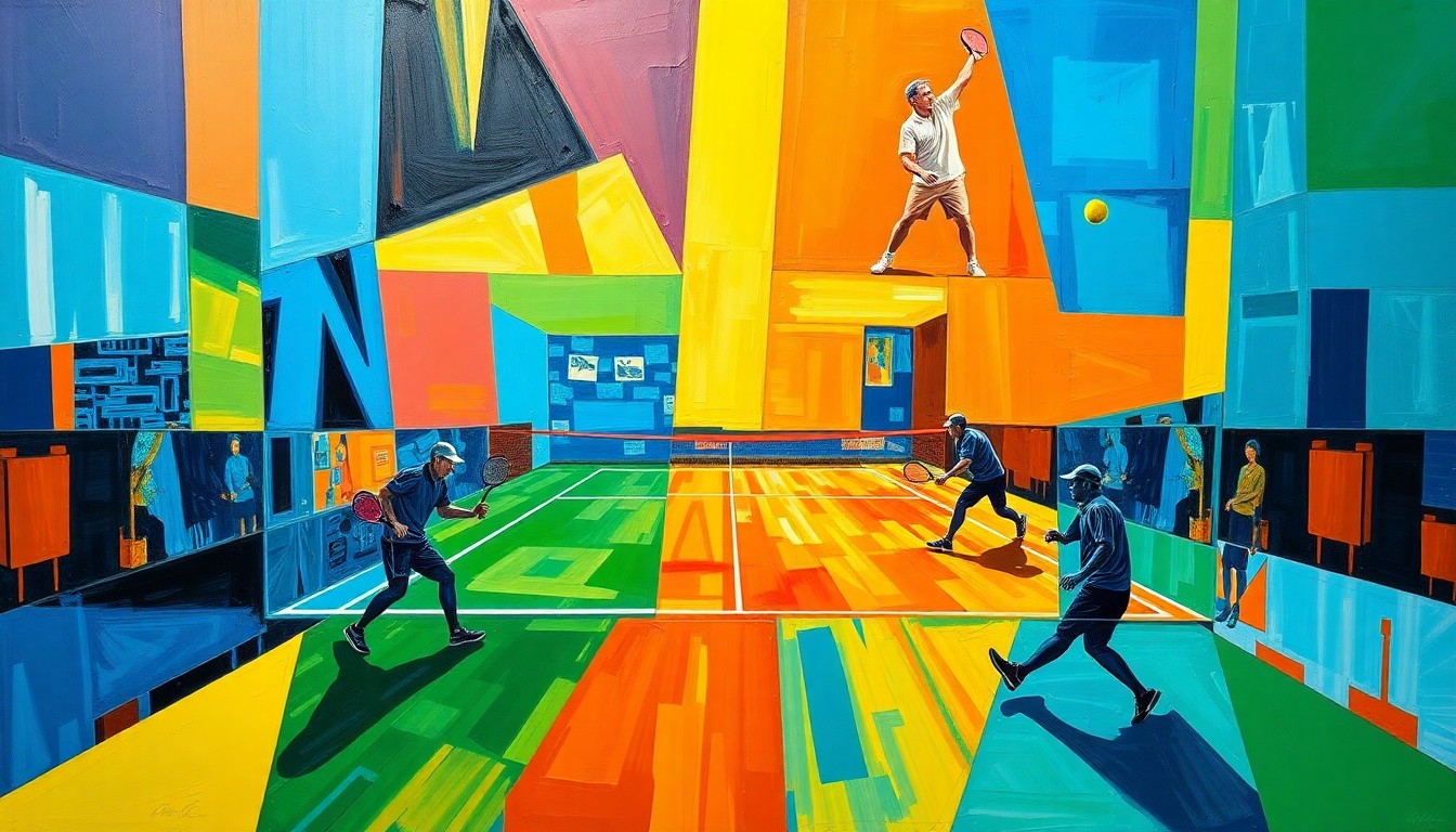 A fragmented, geometric painting in bold, vibrant colors depicts the dynamic action of a pickleball match, with overlapping planes and angles conveying the sport's fast-paced intensity.