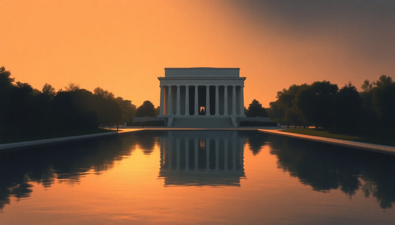 A serene, cinematic painting of the Lincoln Memorial reflecting pool, with the iconic memorial in the background and the pool's still waters reflecting the surrounding architecture. The scene is bathed in warm, golden light and deep shadows, creating a nostalgic, contemplative mood.