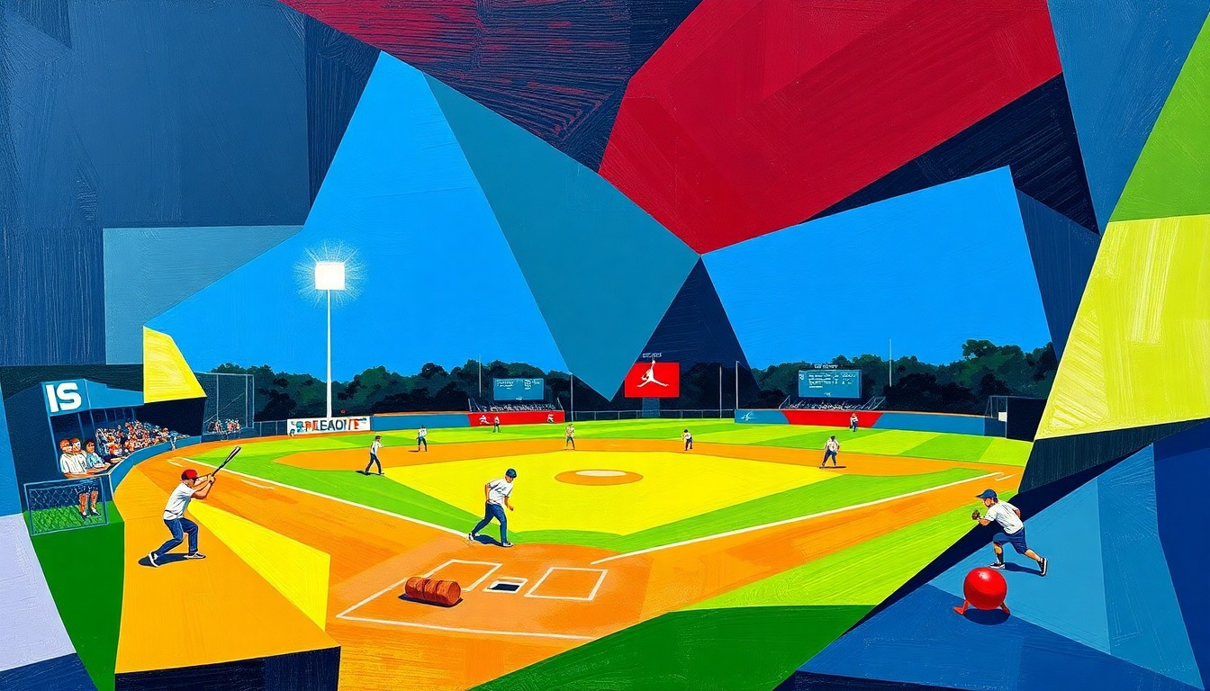 A fragmented, geometric painting depicting a high school softball game, with overlapping planes of color representing the competing teams and the intense action on the field.