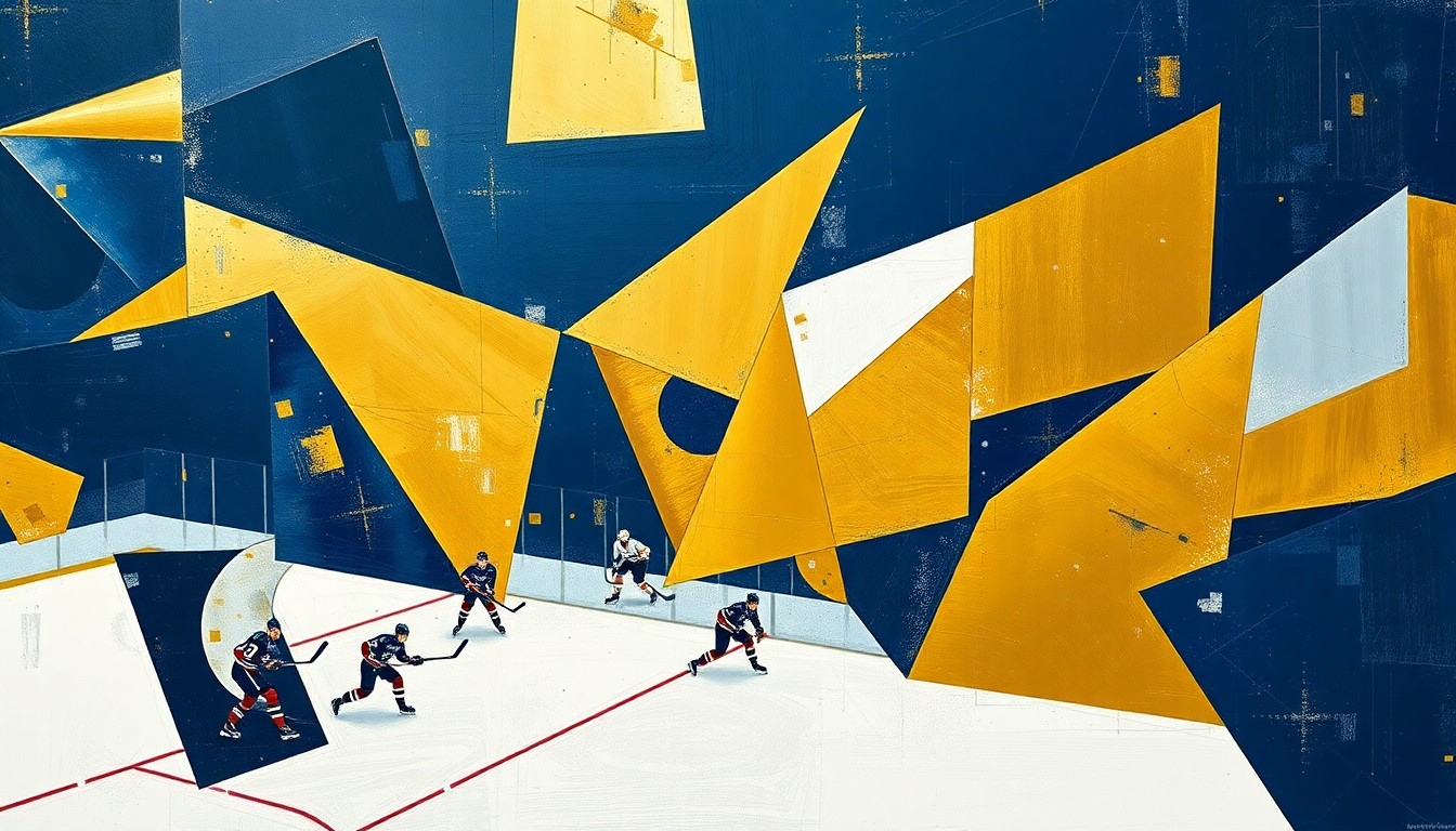 A cubist, geometric painting depicting a hockey game or match, with sharp, overlapping planes of navy blue, gold, and white, capturing the dynamic energy and movement of the sport.