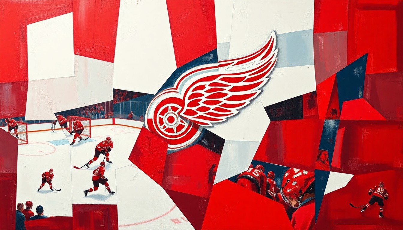 A cubist, geometric painting depicting a hockey game in motion, with overlapping planes of red, white, and blue representing the players, puck, and arena.