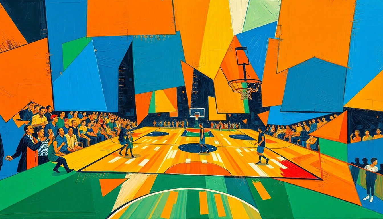 A cubist, geometric painting depicting the energy and movement of a basketball game, with overlapping planes of bright colors representing the players and action on the court.