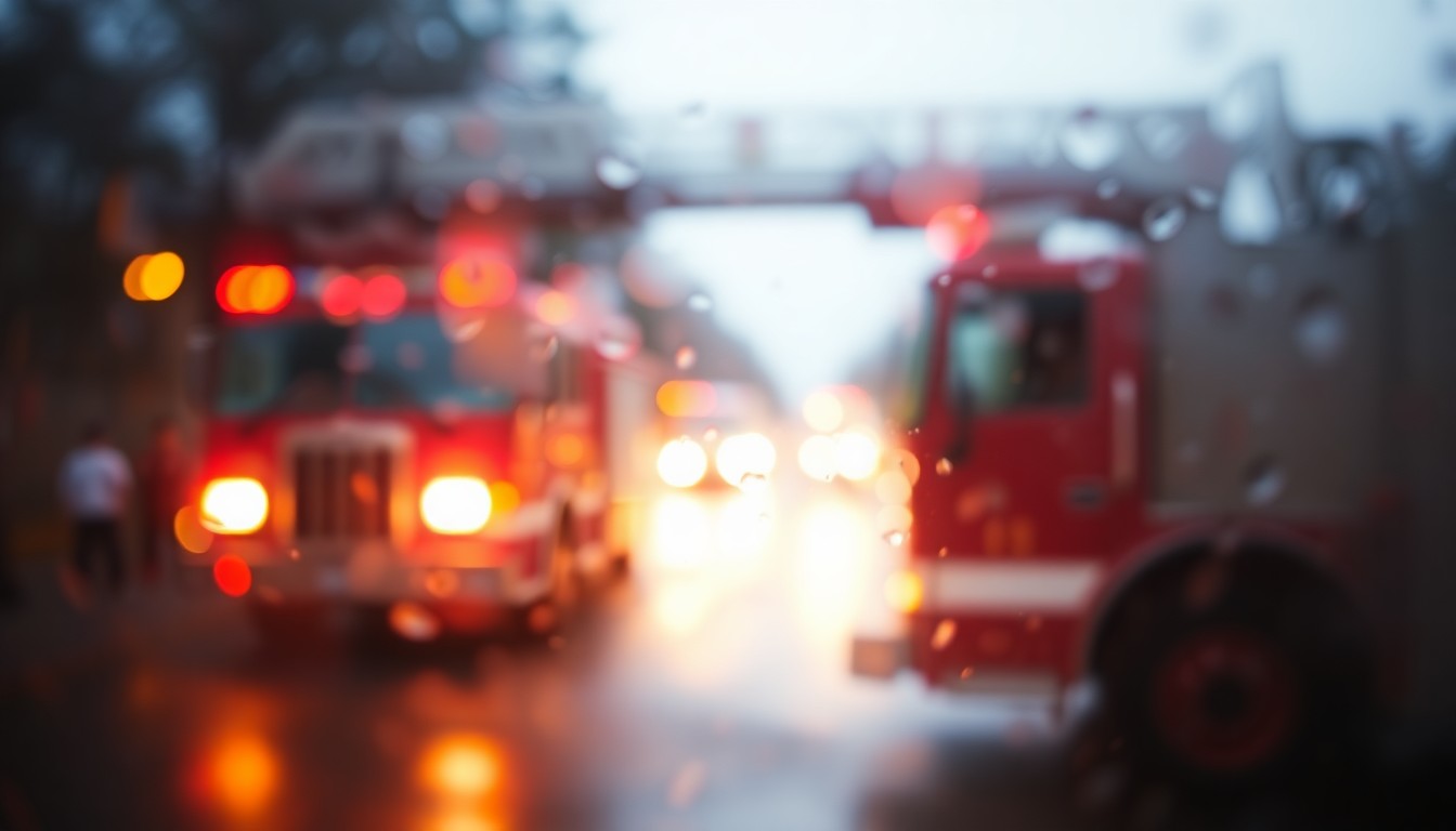 An extremely blurred and abstracted scene of a fire truck or firefighters responding to an emergency, with soft pools of warm color and light creating a hazy, atmospheric mood.