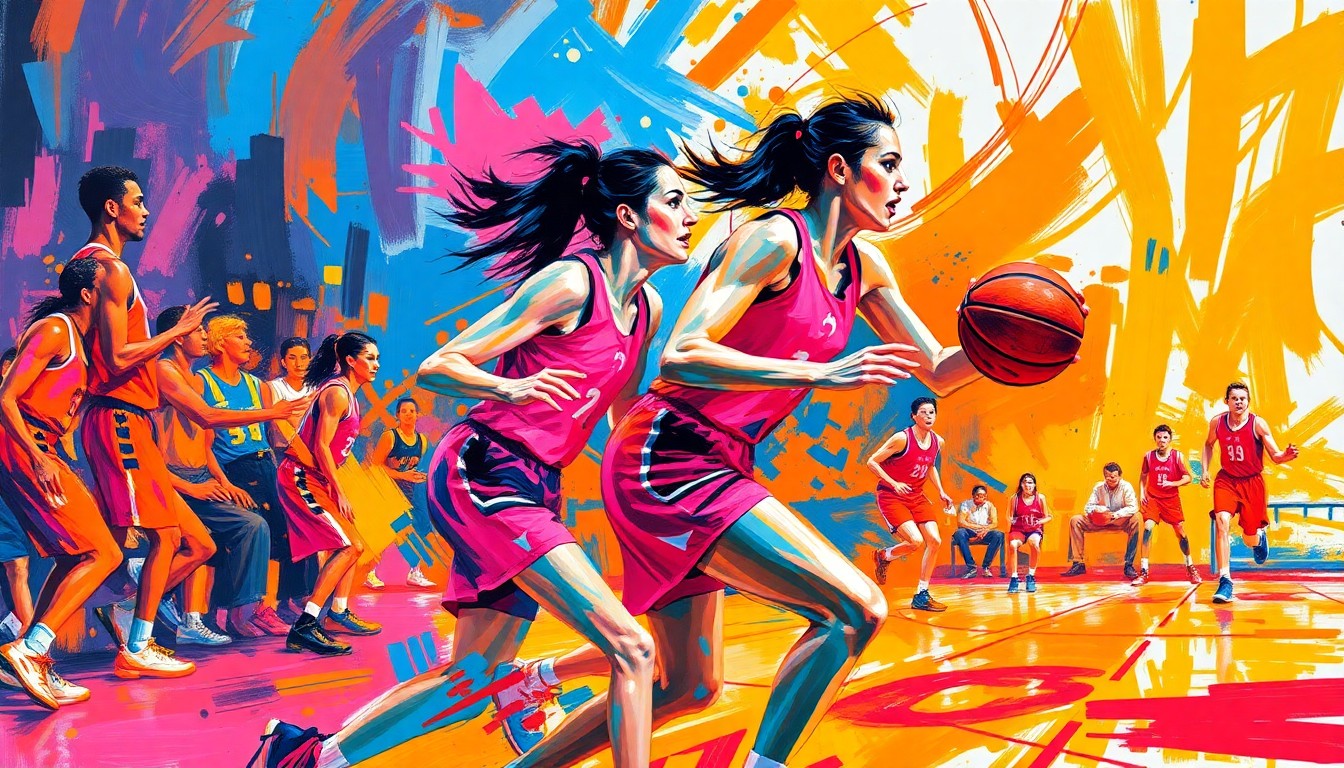 An abstract, energetic painting in a vibrant, expressionist style, capturing the raw athleticism and competitive spirit of a high school girls' basketball game with dynamic brushstrokes of neon pink, electric blue, and fiery orange.