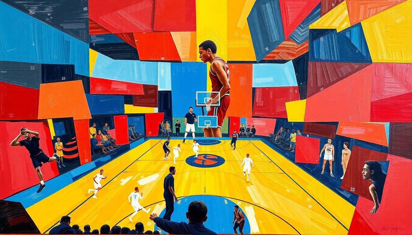 A fragmented, cubist-style painting depicting the dynamic movements and energy of a basketball game, with sharp geometric shapes and planes in bold primary colors.