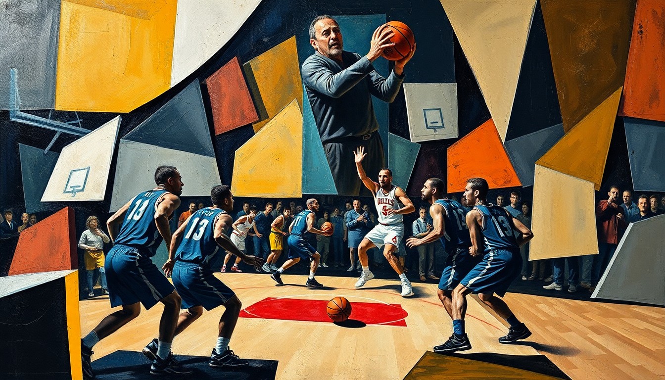A cubist, geometric painting depicting an abstracted basketball game, with the players' forms broken down into sharp, overlapping planes of color and shape, conceptually representing the Warriors' difficulties in assembling a championship-caliber roster.