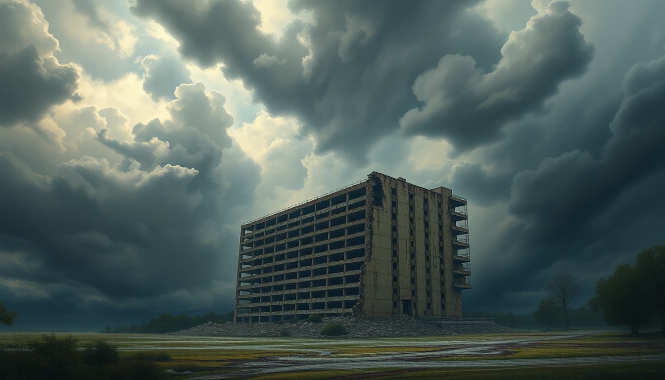 A sweeping, atmospheric landscape painting depicting a massive, crumbling parking garage structure dwarfed by an oppressive, stormy sky, conveying a sense of melancholy and the overwhelming power of nature.