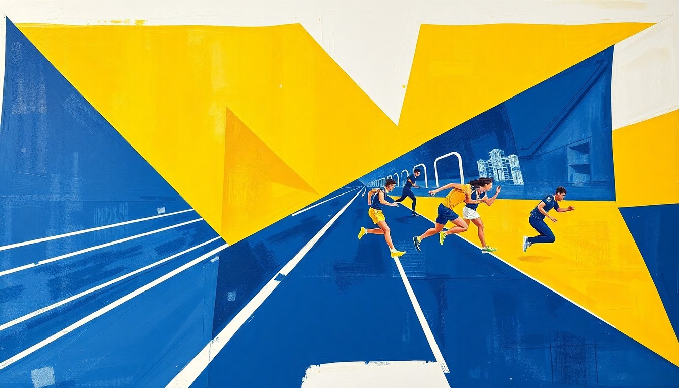 A fragmented, abstract painting depicting a high school track and field competition, with sharp geometric shapes in navy blue, gold, and white representing the dynamic movements and competition of the athletes.