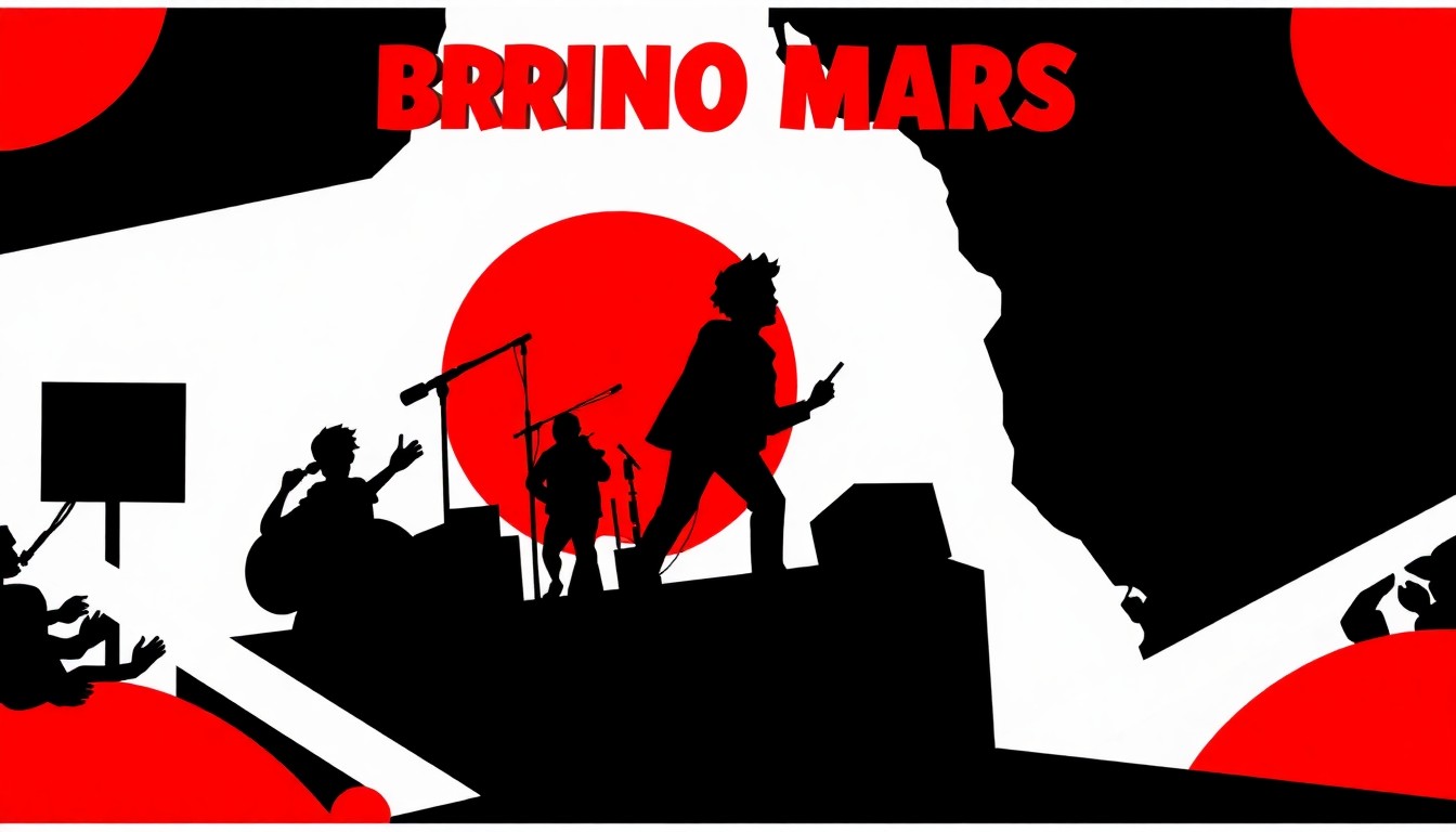 A striking black silhouette of a parade float or stage design, with bold splashes of red and white, conceptually representing the celebration of Bruno Mars' music and legacy in Las Vegas.