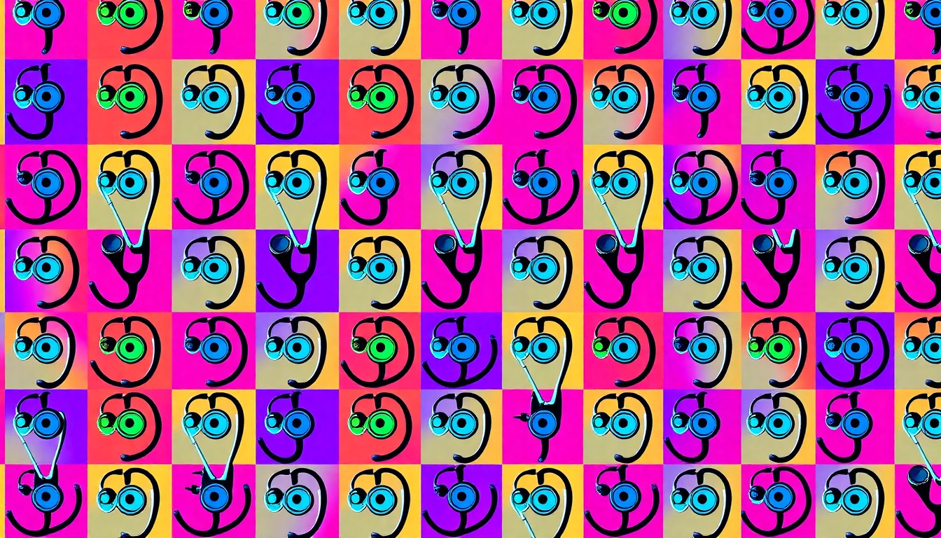 A brightly colored, high-contrast silkscreen print of a stethoscope repeated in a tight grid pattern, in the style of Andy Warhol, conceptually representing the medical training and career opportunities offered through LC State's nursing program.