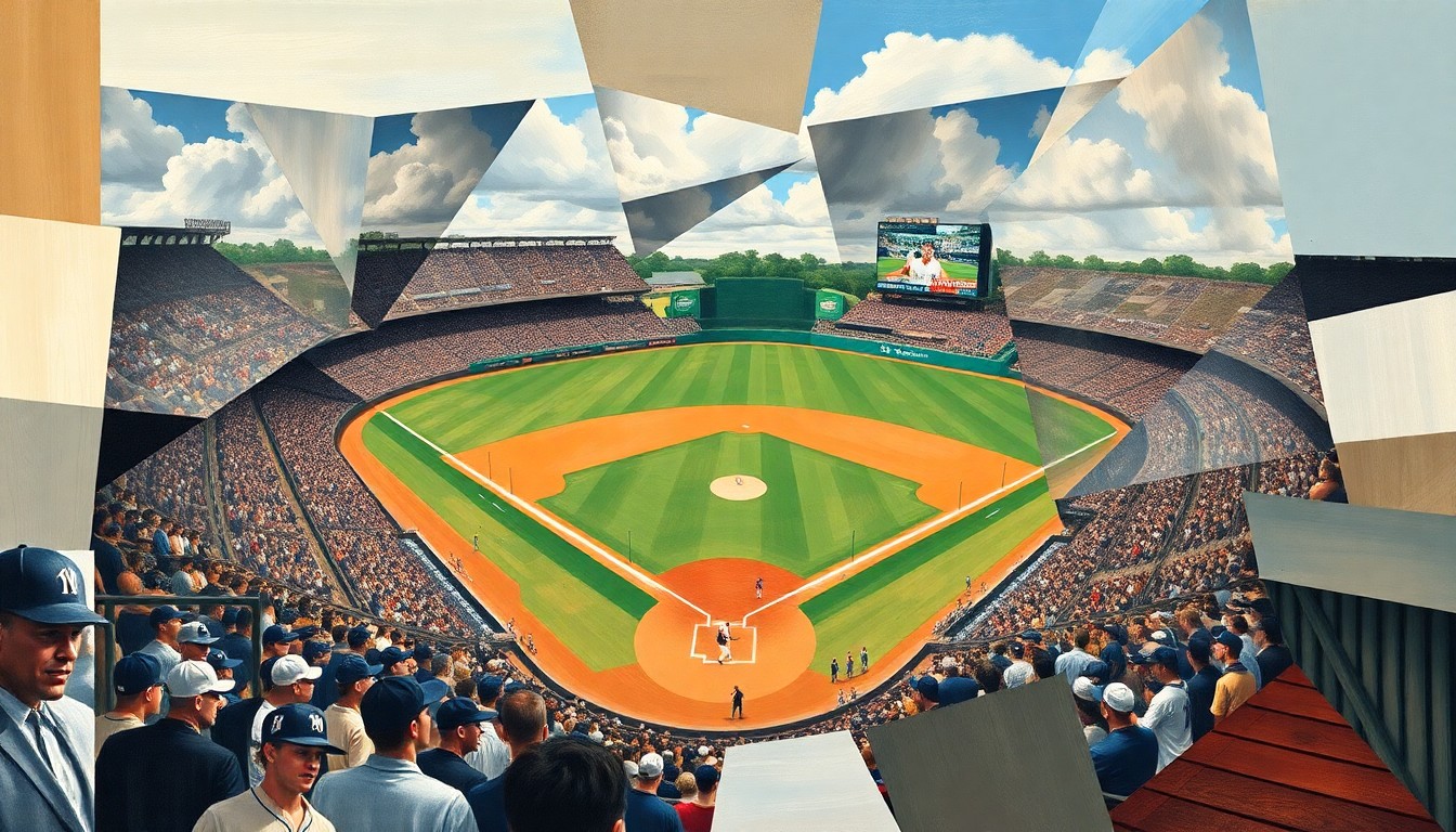 A fractured, cubist-style painting depicting the intense action and drama of the high school baseball game between Delbarton and Don Bosco Prep, with sharp geometric shapes and planes representing the players, field, and key moments.