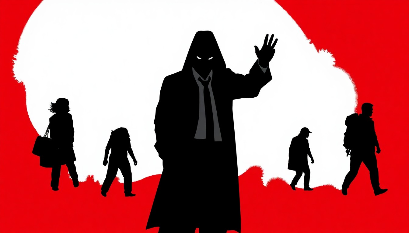 An abstract, minimalist composition of stark black silhouettes against a high-contrast red and white background, conceptually representing the shadowy world of human trafficking.