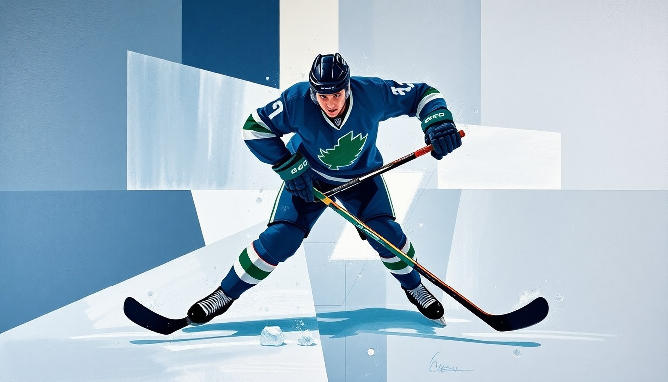 A cubist, geometric painting showing a hockey player being checked into the boards, with sharp, overlapping planes of navy, green, and gray conveying the violent impact of the collision.