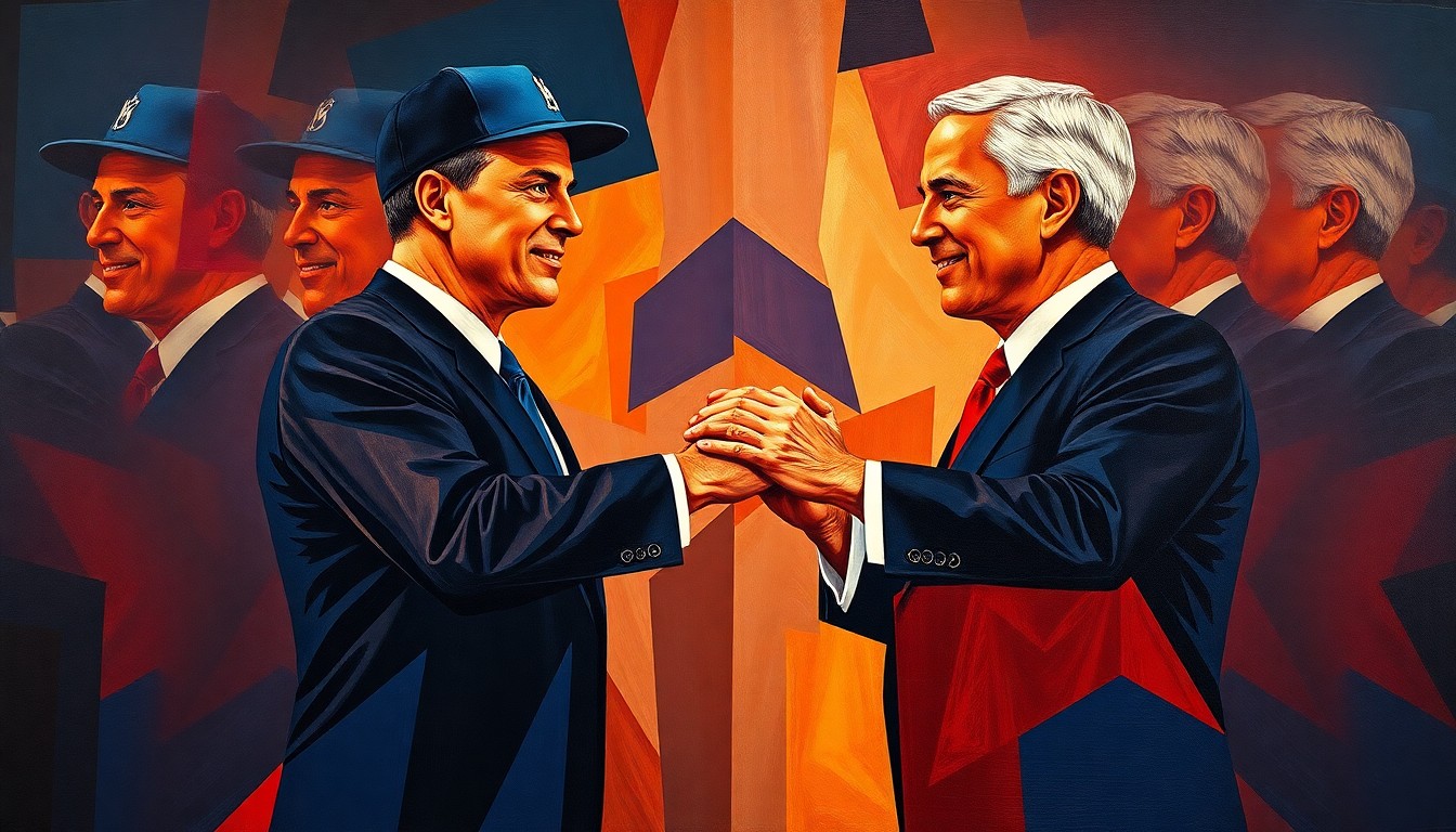 A dynamic, abstract painting featuring overlapping, fractured geometric shapes in navy blue, crimson red, and gold, conceptually representing the collision of sports and politics in New York City.