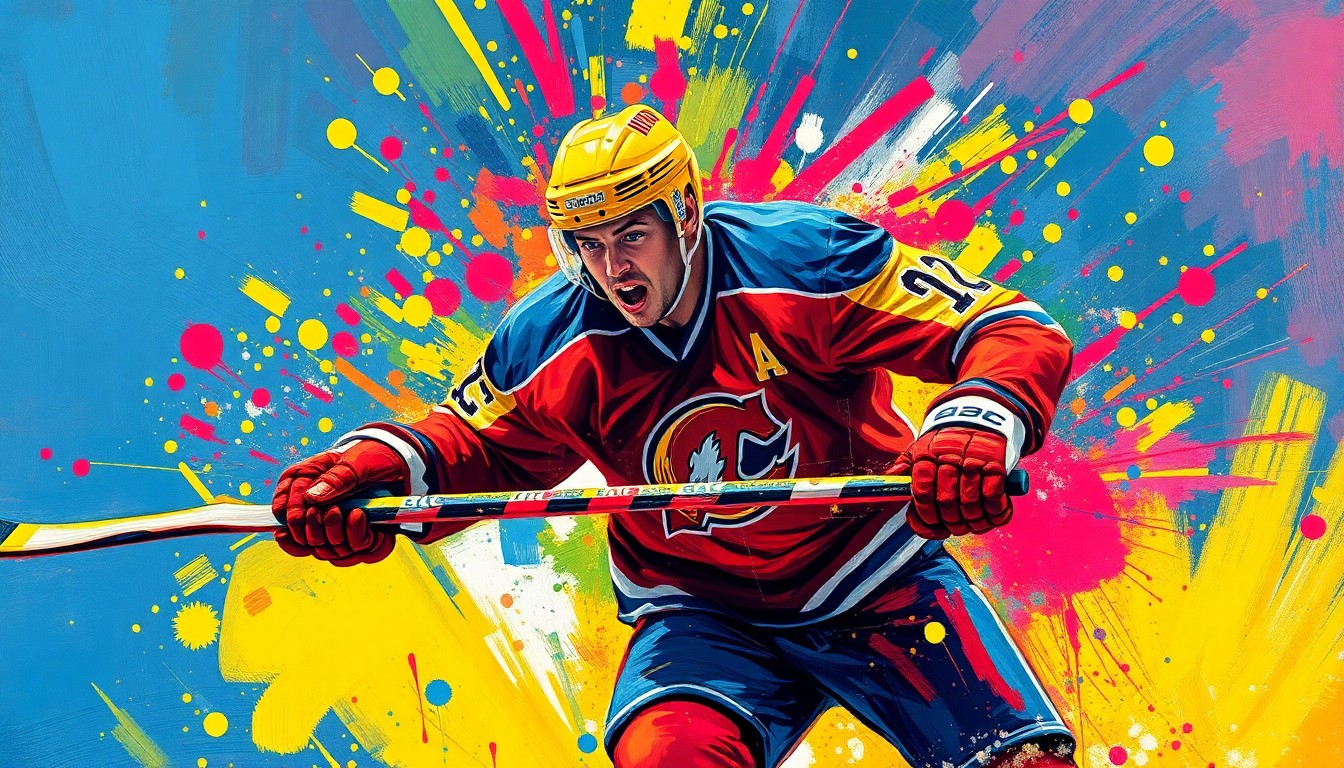 An abstract, energetic painting featuring bold, neon-colored brushstrokes that capture the dynamic movement and scoring action of a hockey player, with the player's features and details blending into the vibrant, expressionist style.
