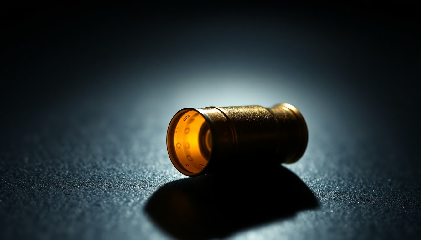 An extreme close-up photograph of a single spent shell casing on a dark surface, lit by a harsh, direct camera flash, conceptually illustrating the aftermath of a violent law office incident.