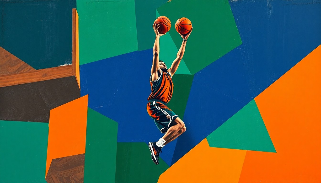 A cubist-style painting depicting a basketball player driving to the hoop, with the figure broken down into sharp, overlapping geometric shapes in a palette of navy, green, and orange, conveying the energy and movement of the sport.