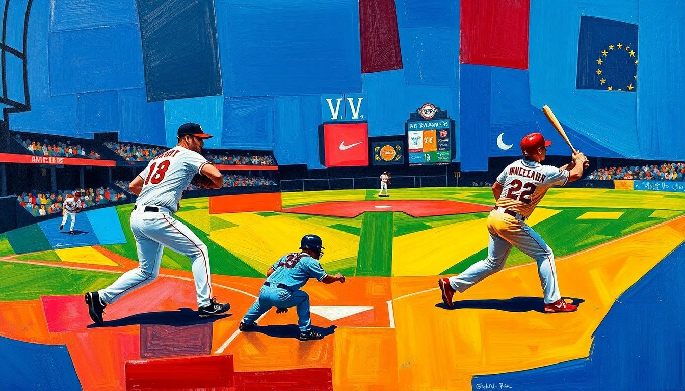 A cubist-style painting depicting various baseball action scenes - a player rounding the bases, a pitcher winding up, a batter swinging - broken down into sharp, overlapping geometric shapes in a vibrant color palette, conceptually representing the dramatic back-and-forth nature of the Padres' extra-innings win.