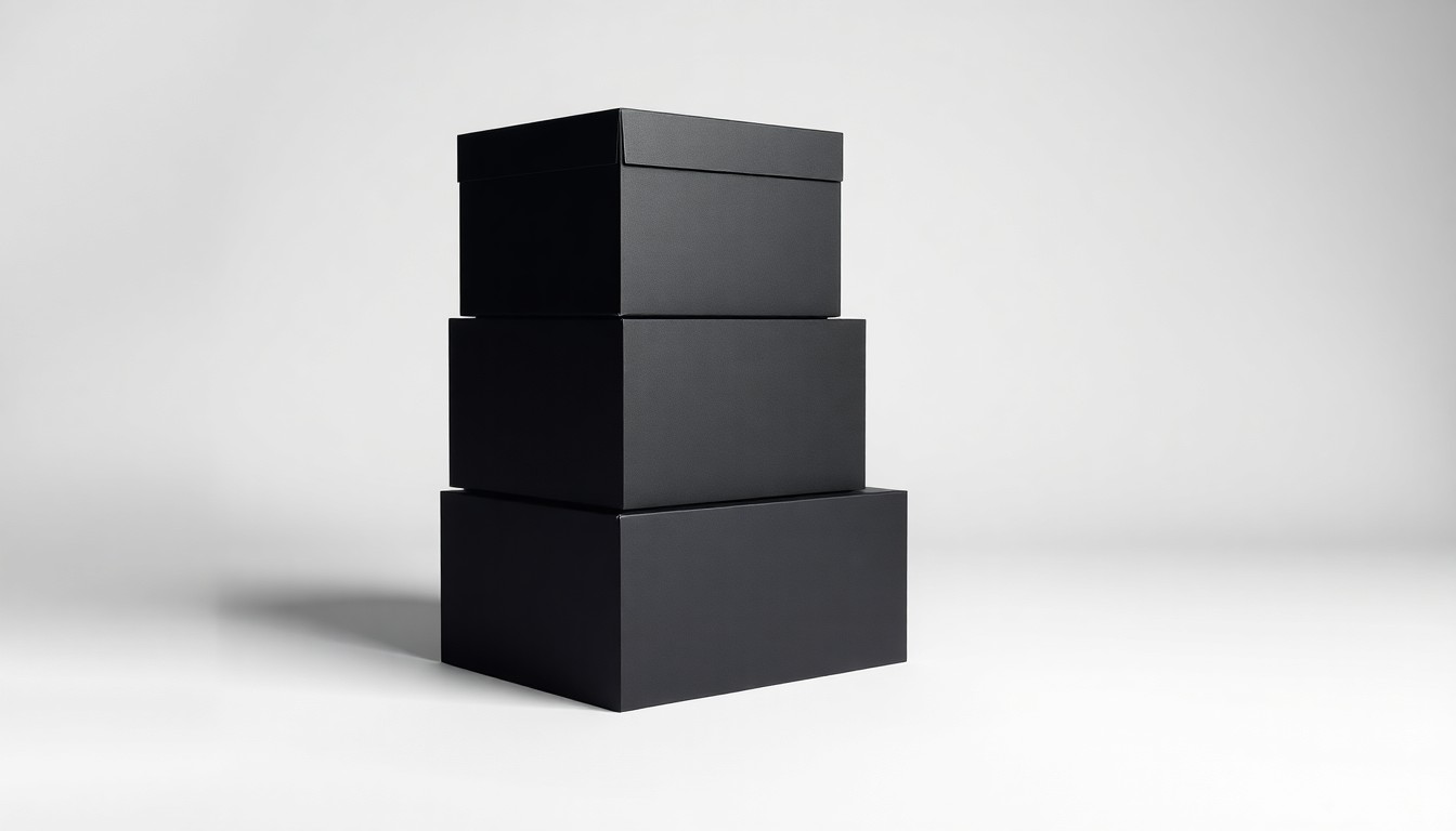 A high-end, photorealistic studio still-life photograph featuring a stack of premium matte black and gray shipping boxes arranged elegantly on a clean, monochromatic background, conceptually representing the transportation and logistics industry.