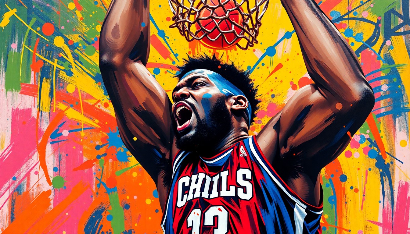 An abstract expressionist painting in vibrant neon colors depicting the powerful, explosive motion of a basketball player dunking, with their face and jersey dissolving into unrecognizable brushstrokes.