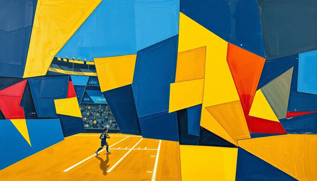 A cubist, geometric painting depicting a fragmented football field with players and ball in overlapping planes of navy, gold, and crimson red, conceptually representing the complex challenges the Chargers will face in the 2026 season.
