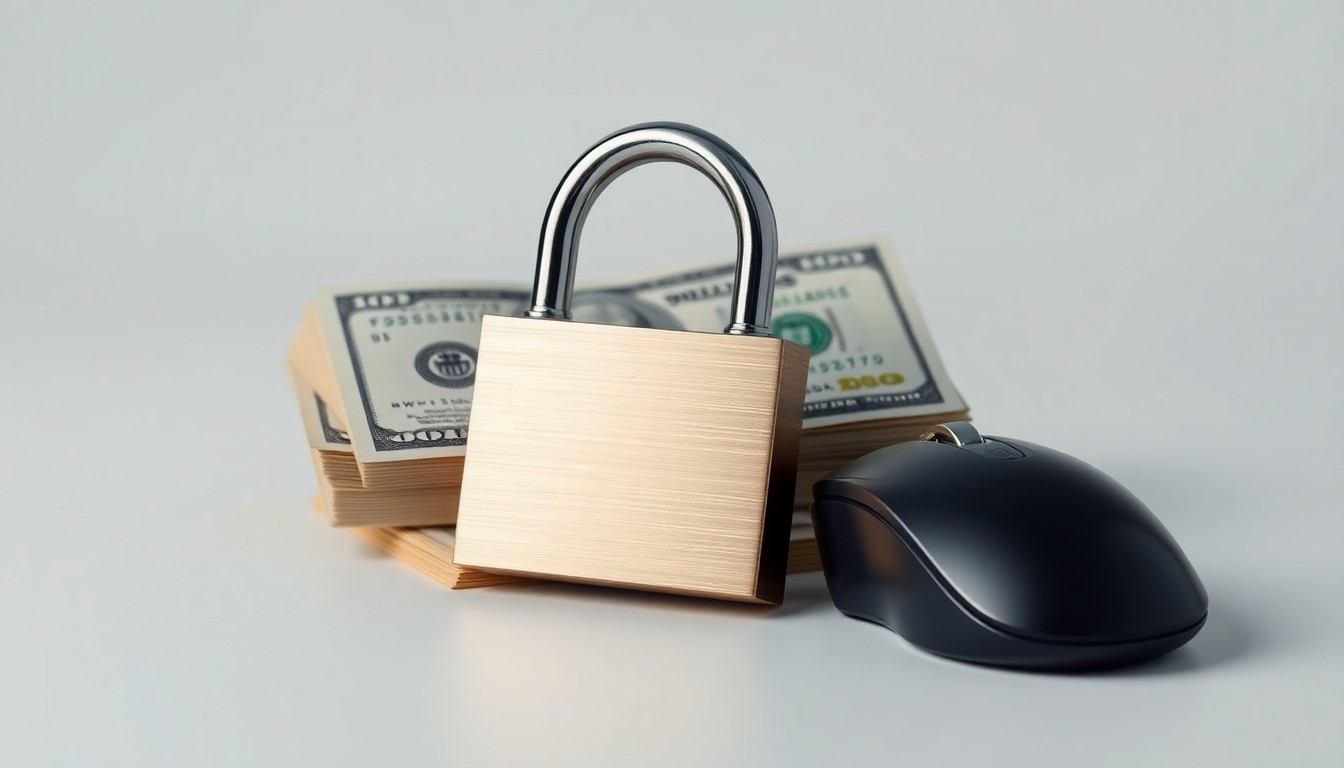 A photorealistic studio still life featuring a polished metal padlock, a stack of dollar bills, and a computer mouse, symbolizing the need for heightened security, financial vigilance, and digital safeguards in the face of evolving freight fraud schemes.