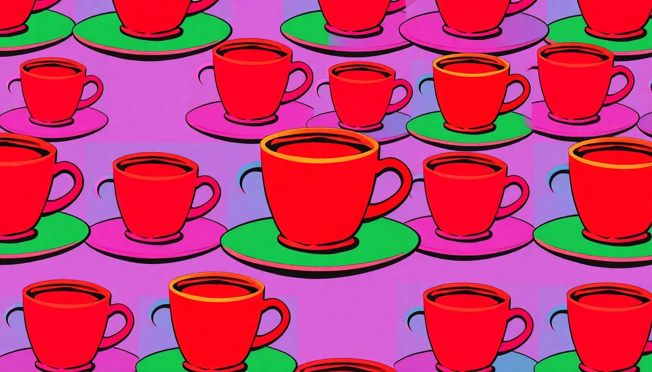 A brightly colored, high-contrast silkscreen print of a single, iconic restaurant object like a coffee cup or plate, repeated in a tight grid pattern in a pop art style, using flat, vibrant, and unnatural neon color palettes overlapping with heavy black outlines to turn everyday dining habits into modern art.