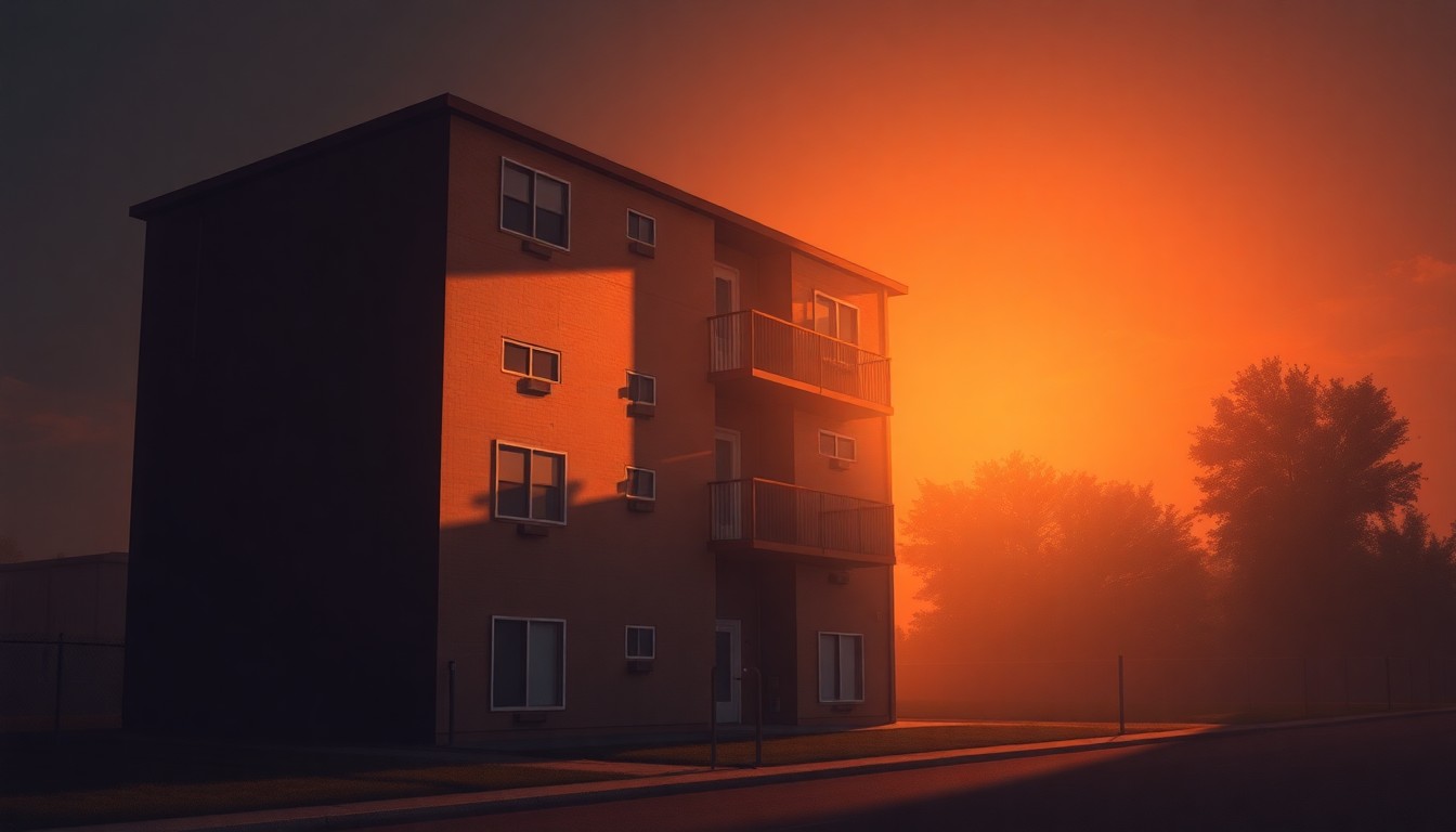 A serene, nostalgic painting of a multi-story apartment building in soft, warm tones, conveying the concept of affordable housing challenges in Virginia.