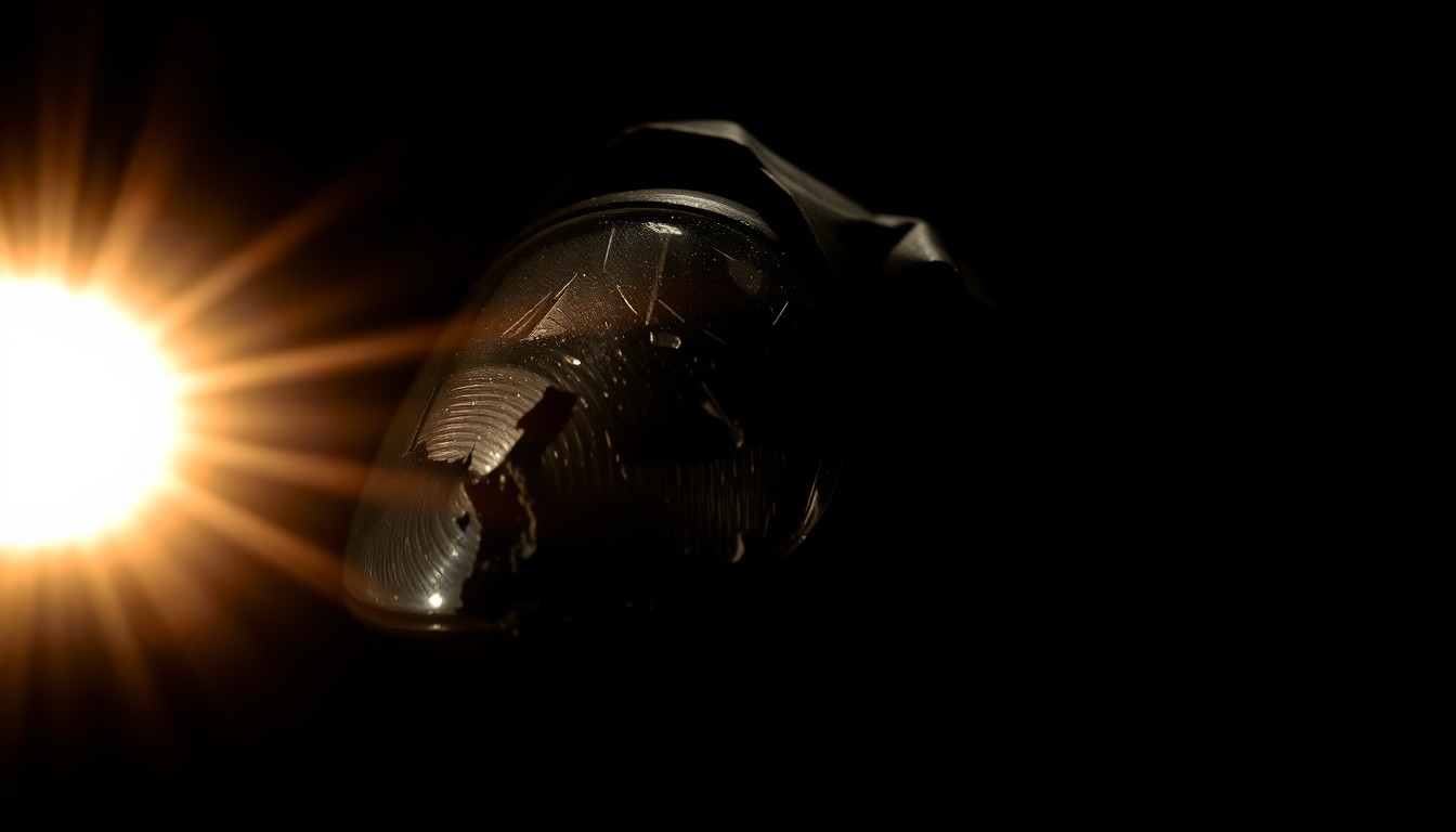 An extreme close-up photograph of a damaged car part, such as a broken side mirror or crumpled fender, lit by a harsh, direct camera flash against a pitch-black background, conceptually illustrating the aftermath of a single-vehicle rollover crash.