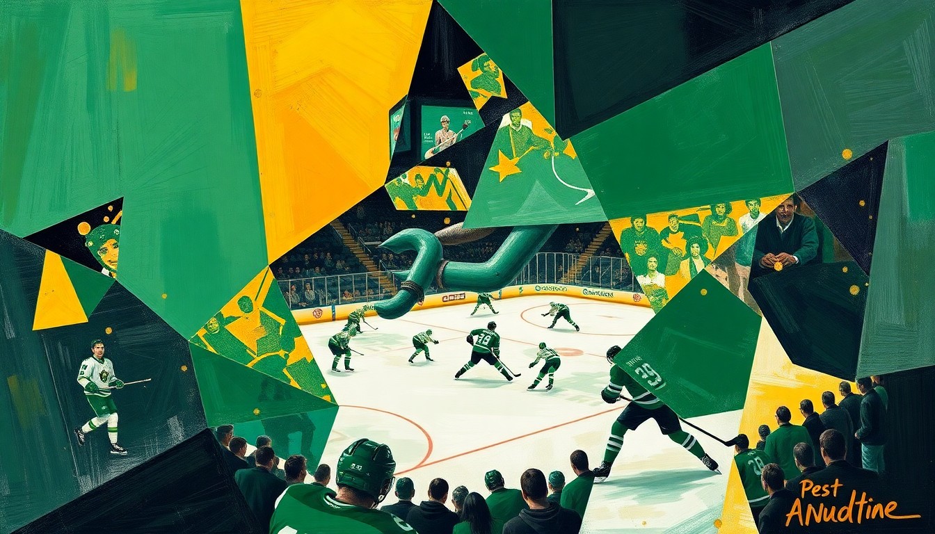 A cubist, geometric painting depicting a Dallas Stars hockey game, with the players and action broken down into abstract shapes and angles in the team's green and gold colors.