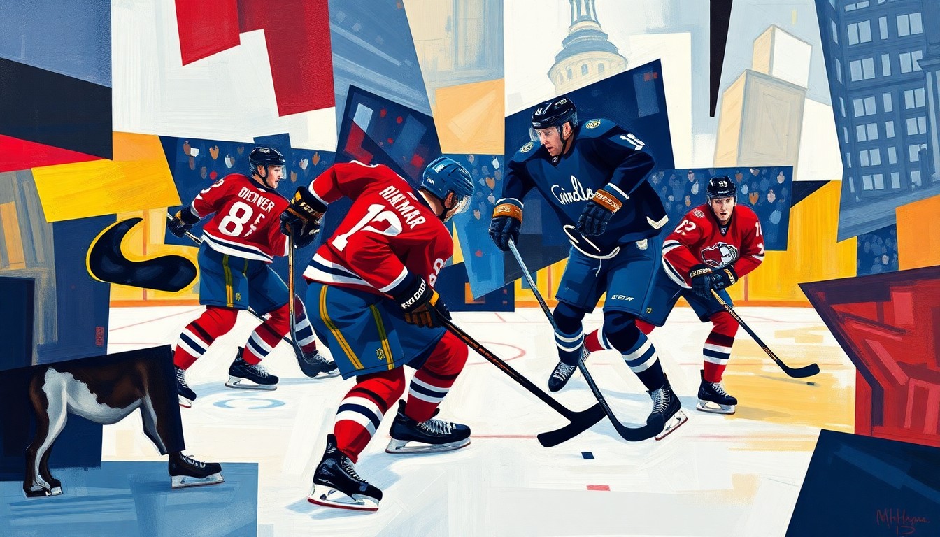 A cubist, geometric painting depicting the chaotic final moments of the Denver-Michigan hockey game, with overlapping planes of color representing the players, puck, and ice.