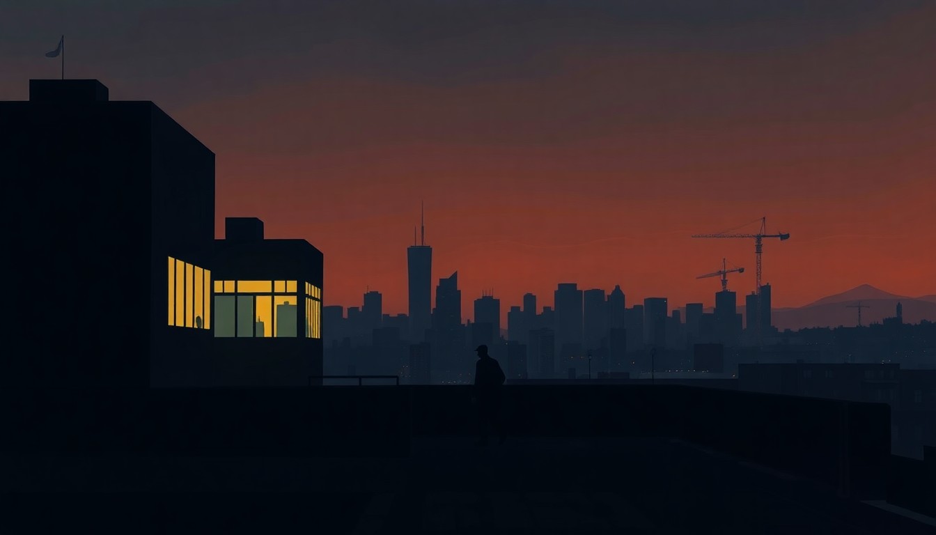 A serene, cinematic painting depicting the Dallas skyline at dusk, with a lone pedestrian walking down a shadowy sidewalk bathed in warm, diagonal sunlight, conceptually representing the city's efforts to engage the community on growth and development.