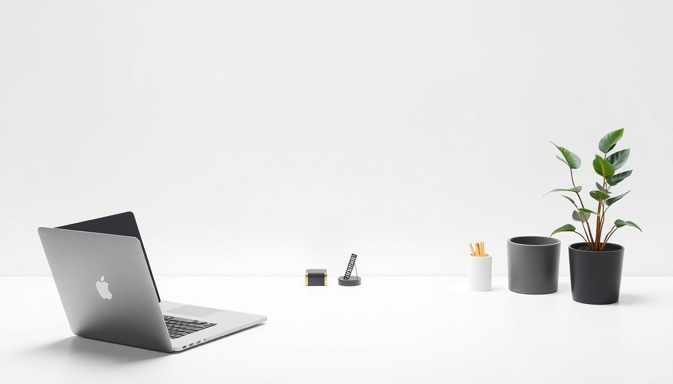 A photorealistic studio still life featuring a modern laptop, desk organizer, and potted plant, symbolizing the efficiency and streamlining of AI-powered business operations.