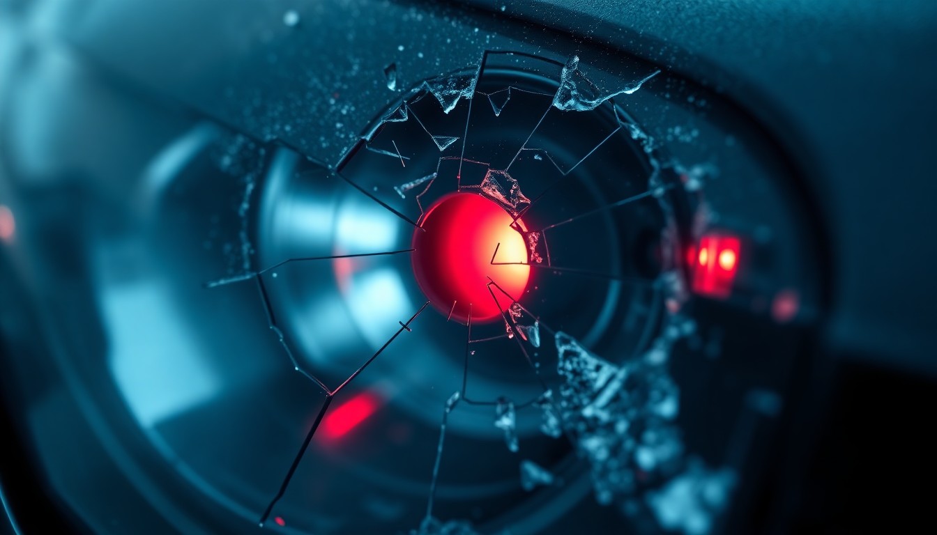 An extreme close-up photograph of a shattered car sensor lens reflecting a faint red light, conceptually illustrating the vandalism of self-driving cars.