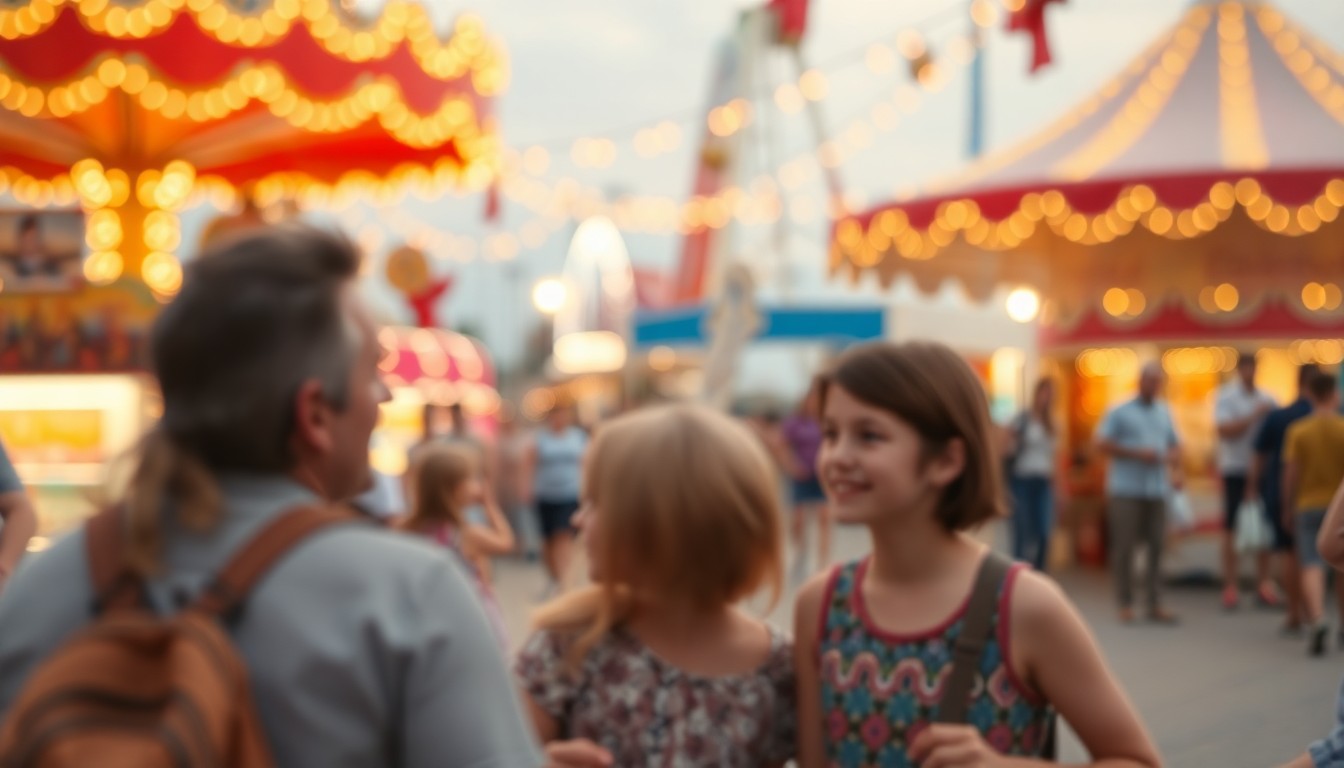 An abstract, out-of-focus photograph in warm, earthy tones depicting a family enjoying a community fair, with a blurred, calming sensory nook in the background.