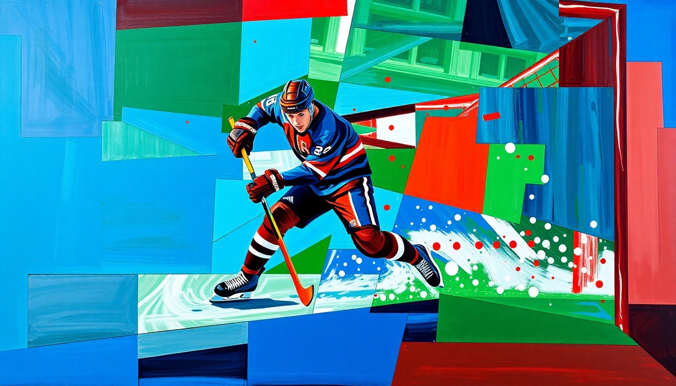 A fragmented, geometric painting depicting a hockey player scoring a goal, with sharp planes of color and overlapping perspectives conveying the dynamism of the moment.